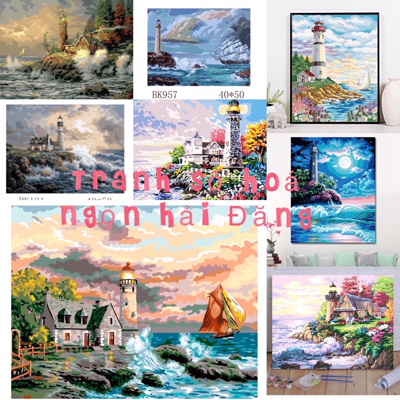 Sẵn Tranh số hoá tự tô chủ đề Ngọn Hải Đăng - tranh đã căng sẵn khung, kt: 40x50cm