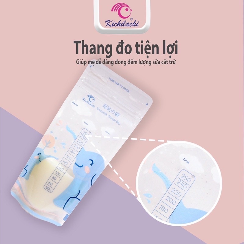 Túi trữ sữa 250ml KICHILACHI hình con voi, túi đựng sữa khoá ziper chắc chắn (50 túi)