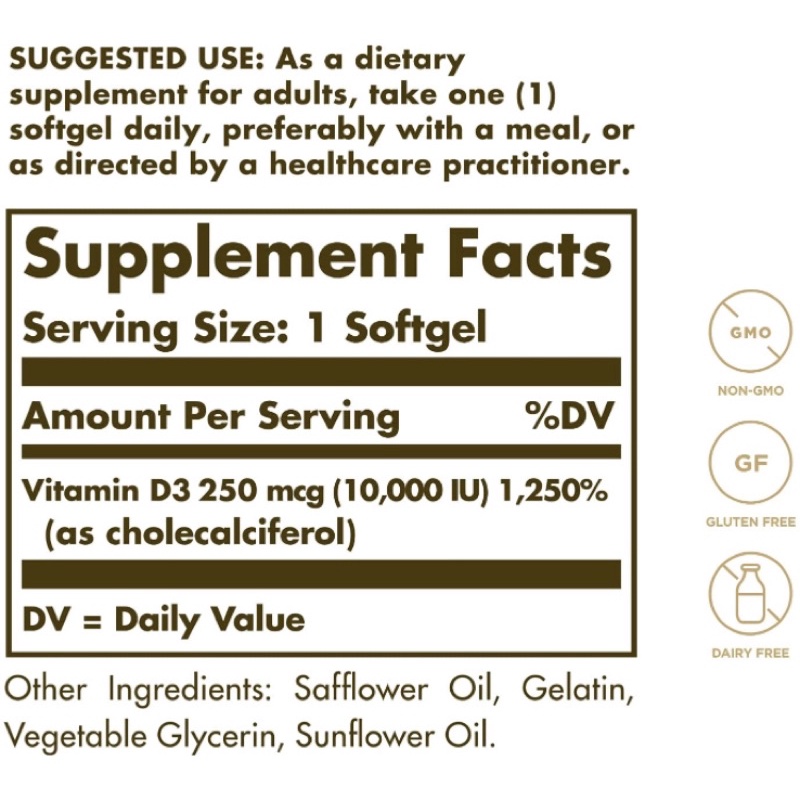 Viên Solgar Vitamin D3 liều cao 250 MCG (10,000 IU) 120 viên USA