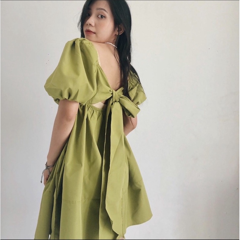 Váy Babydoll Thô Nơ Sau Tay Phồng 5 Màu Siêu Xinh Có Ảnh Thật Kèm Video