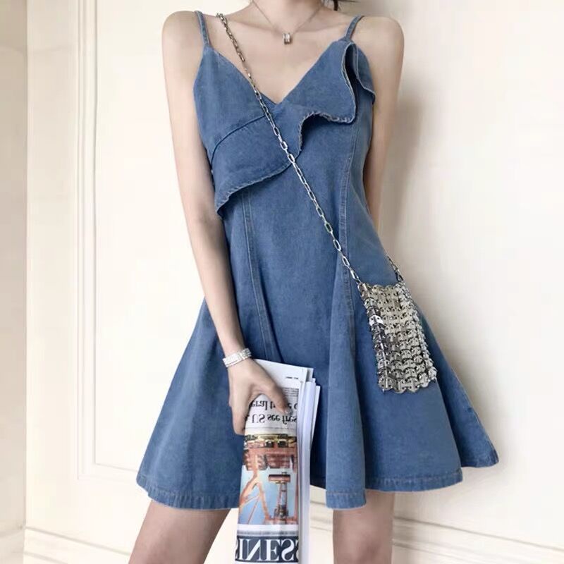 Jiashucheng Tea Break Đầm Denim Hai Dây Nhỏ Nhắn Thanh Lịch Kiểu Pháp Thời Trang Mùa Hè Dành Cho Bạn Nữ