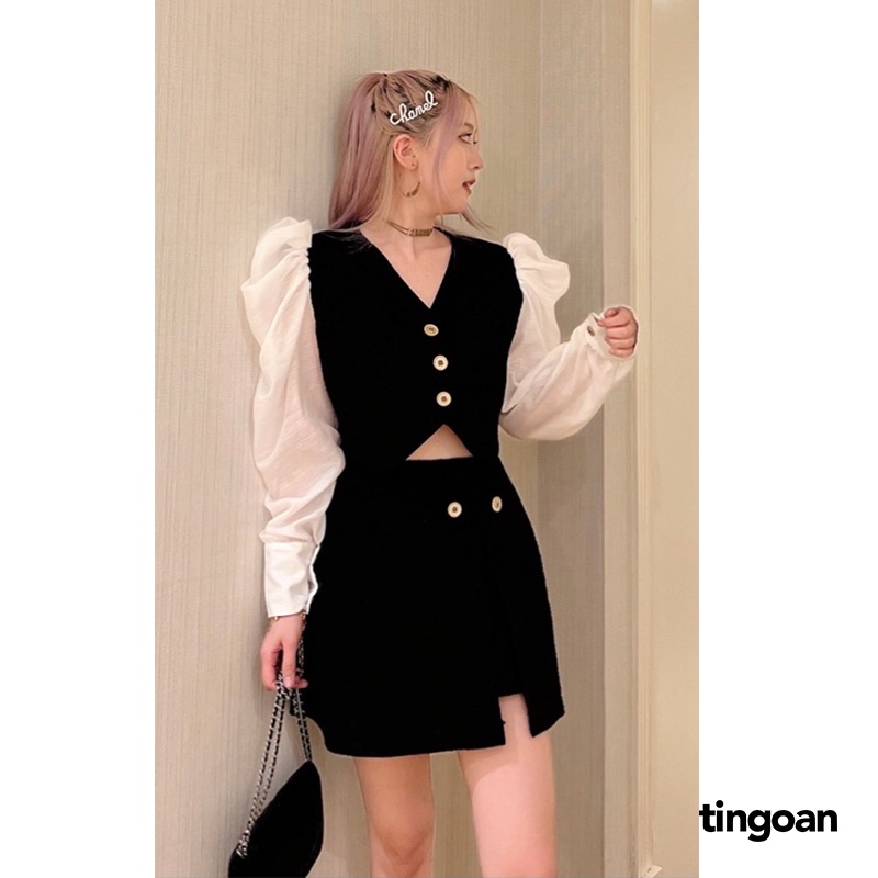 Áo tweed crop tay phối tơ vai bồng đen TINGOAN IN PARIS TWEED TOP/BL