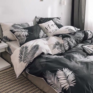 Bộ Drap & Chăn Phao Cotton Poly Lá Me Đen