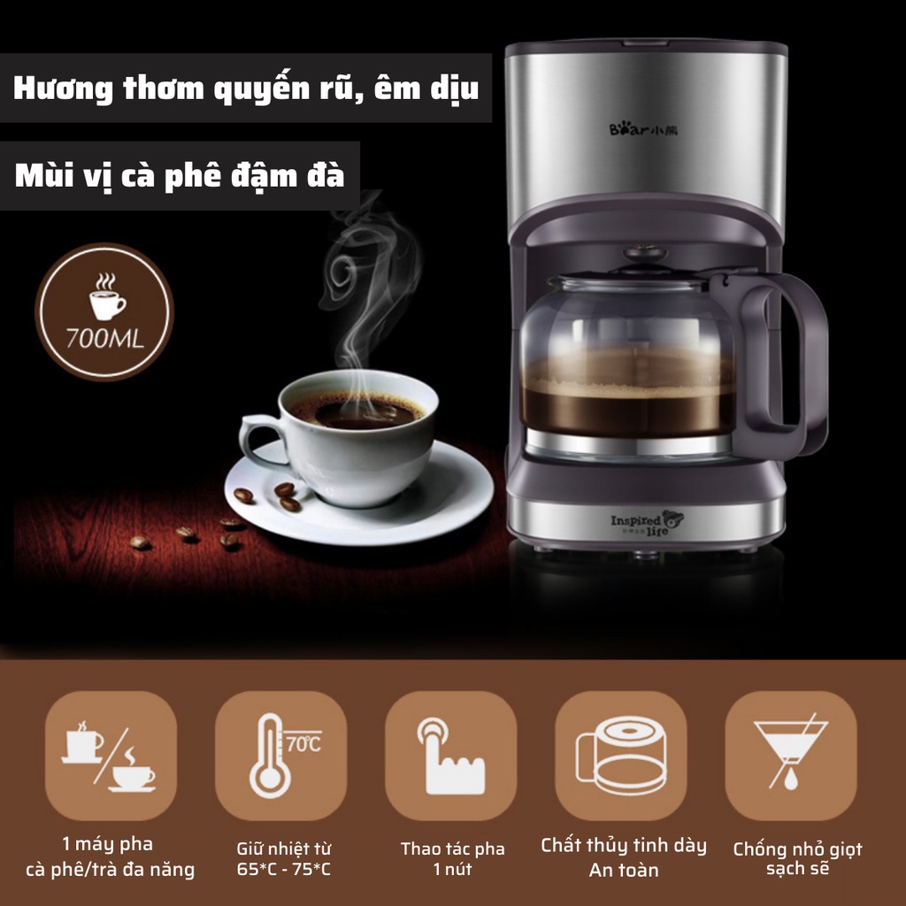 Máy pha cà phê mini tự động BEAR KFJ-A07V1 chính hãng pha Espresso cafe rang xay nguyên chất tặng 100gr bột café Arabica