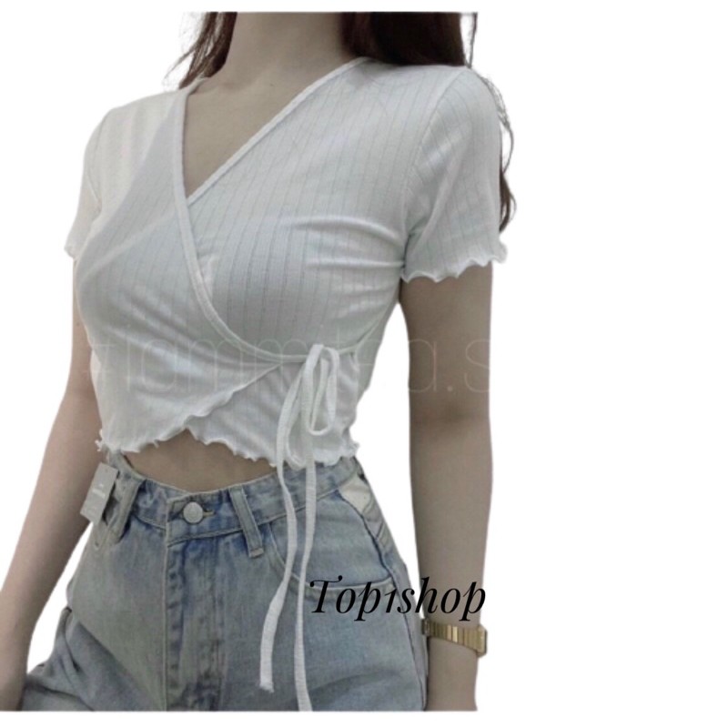 Áo Croptop Cổ v đắp chéo cột dây.