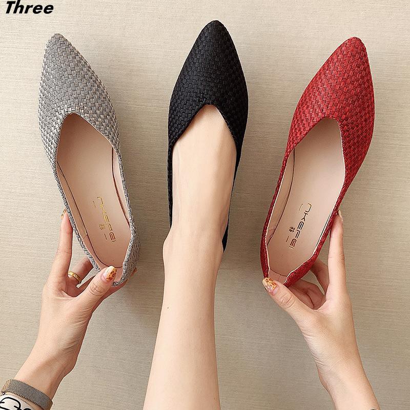 Women's shoes, single shoes, ladies pointed toe Roman style shallow mouth weave fashion all-match solid color grandma shoes