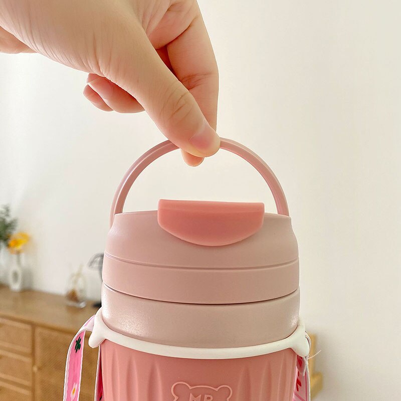 Bình Nước Giữ Nhiệt Bằng Thép Không Gỉ Có Ống Hút Hình Gấu Dễ Thương Cho Bé Gái