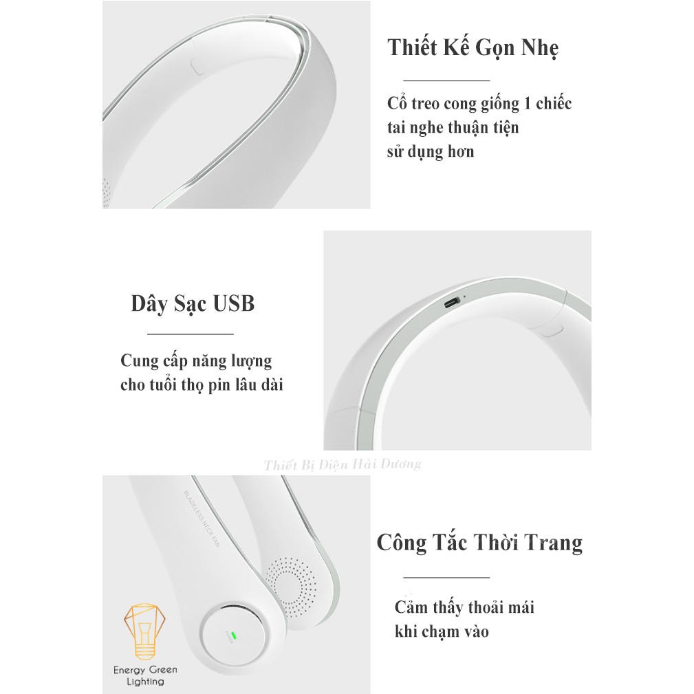 Quạt Đeo Cổ Thời Trang Cao Cấp - Giả Tai Nghe F12 - Dây Sạc USB - Energy Green Lighting - Bảo Hành 12 Tháng