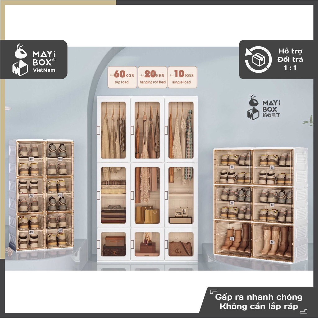 Tủ quần áo nhựa gấp gọn trong suốt MAYI BOX - Tủ đựng đồ gấp gọn tiện lợi nhựa cứng, cánh tủ nam châm đóng tự động