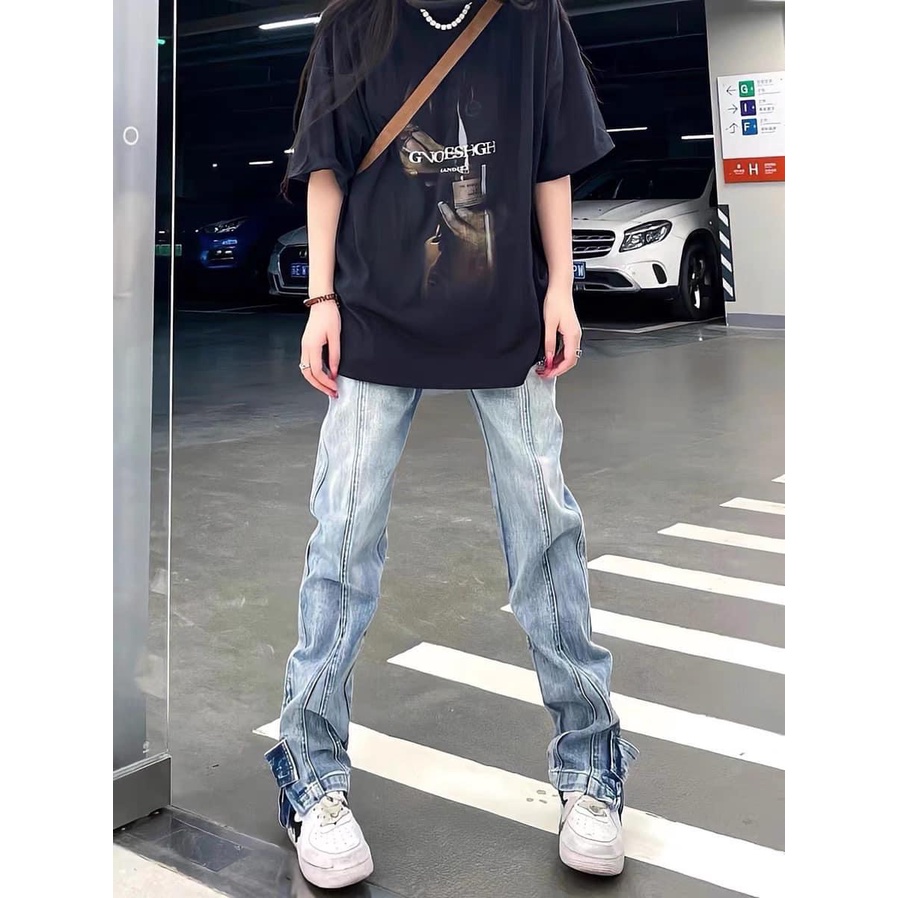 Quần jean cao cấp unisex họa tiết có cúc bấm khóa zip,form đứng tôn dáng
