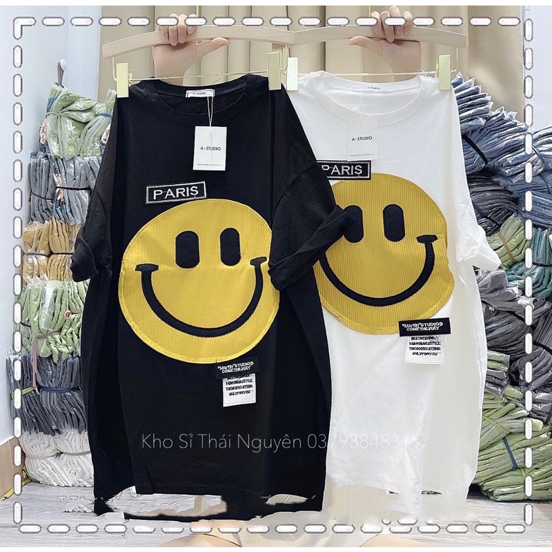 Áo phông cotton khô áo thun tay lỡ hình mặt cười cười to