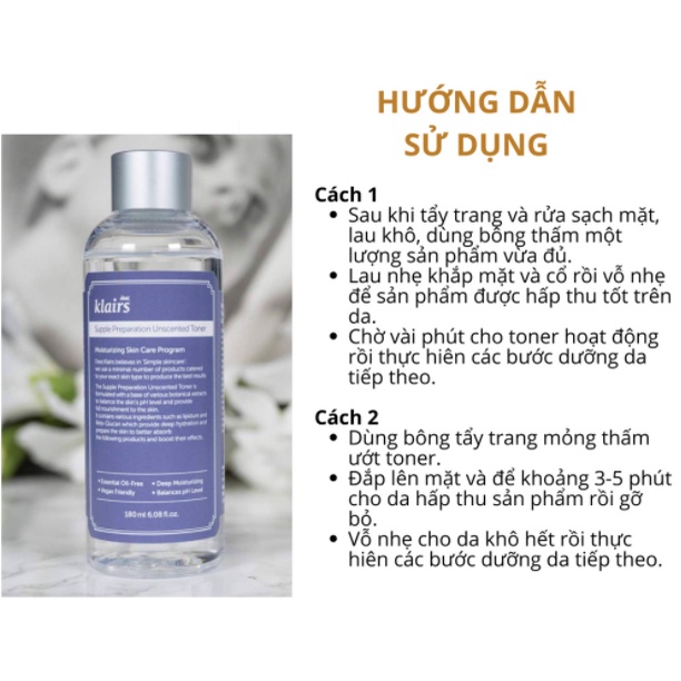 Nước hoa hồng cân bằng pH cho da Klairs Supple Preparation Unscented Toner 180ml