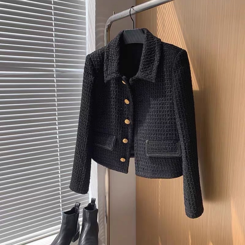 Áo khoác dạ tweed nữ màu đen sang chảnh, dáng ngắn cổ bẻ cúc đồng