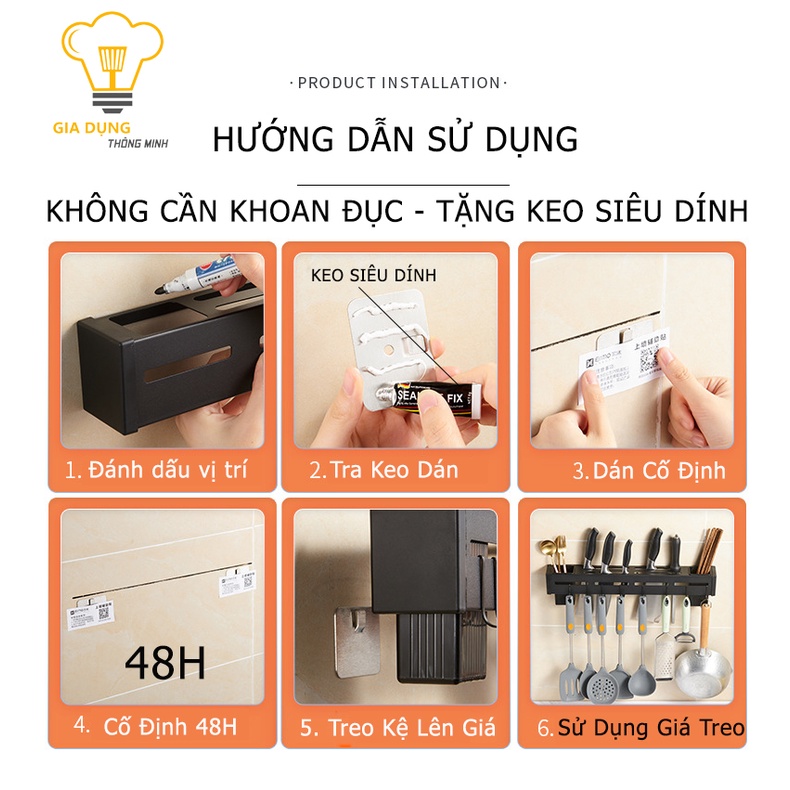 Kệ Treo Nhà Bếp Đa Năng, Giá Cài Dao, Kéo Có Ống Đũa Tiện Ích Inox 304, Không Cần Khoan Đục Tặng Keo Siêu Dính MKS021