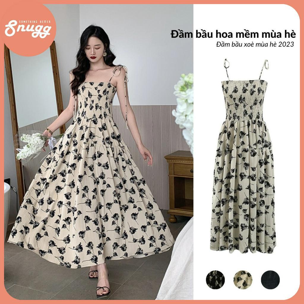 Đầm bầu roses floral maxi hai dây dáng xoè mùa hè 2023 SNU2184