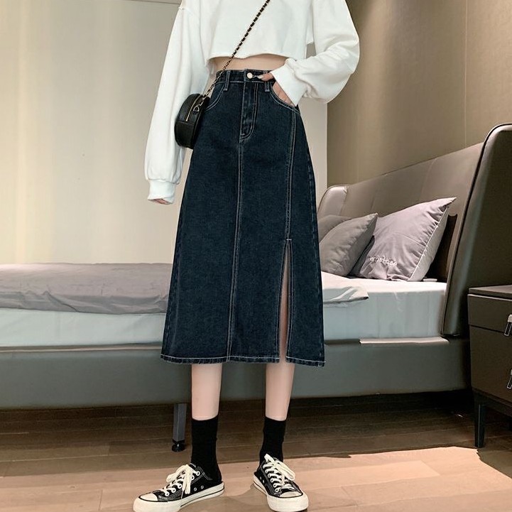 Chân Váy Jeans Dáng Dài Cạp Cao Xẻ Tà, Chân Váy Nữ Kaki Bò Phong Cách Ulzzang V03 | BigBuy360 - bigbuy360.vn