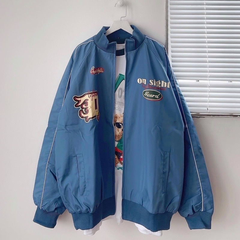 Áo Bomber Dù 2 Lớp D On Sight 2 Mầu Kem + Xanh Unisex Nam Nữ( Hàng sẵn)