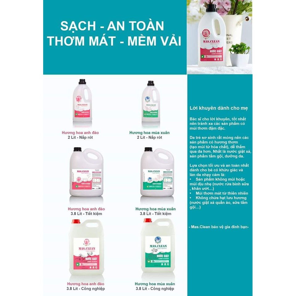 Nước giặt hữu cơ sạch khuẩn, ẩm mốc Mas.Clean hương Hoa Anh Đào - can 3.8L