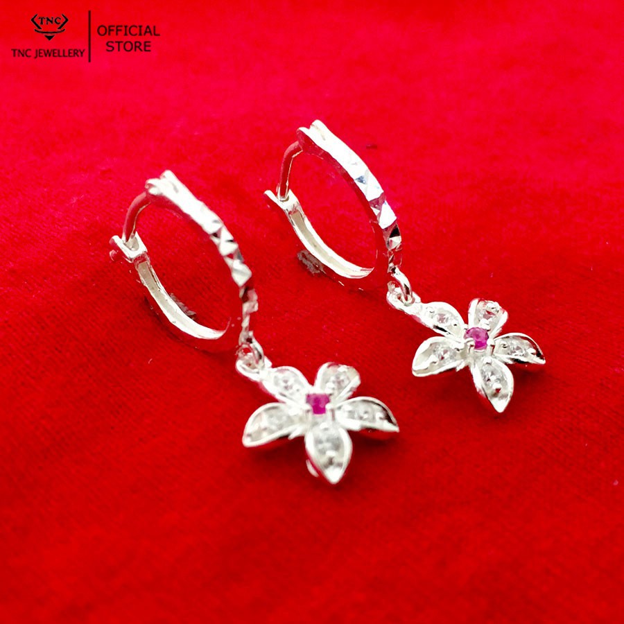 Bông tai bạc trẻ em kiểu dáng dài hoa đào -Trang sức TNC Jewellery