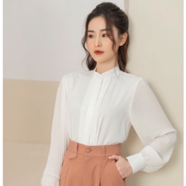 Áo Sơ Mi Trắng Thiết Kế Xếp Li Ngực Tay Voan Xếp AM225 ROSARA