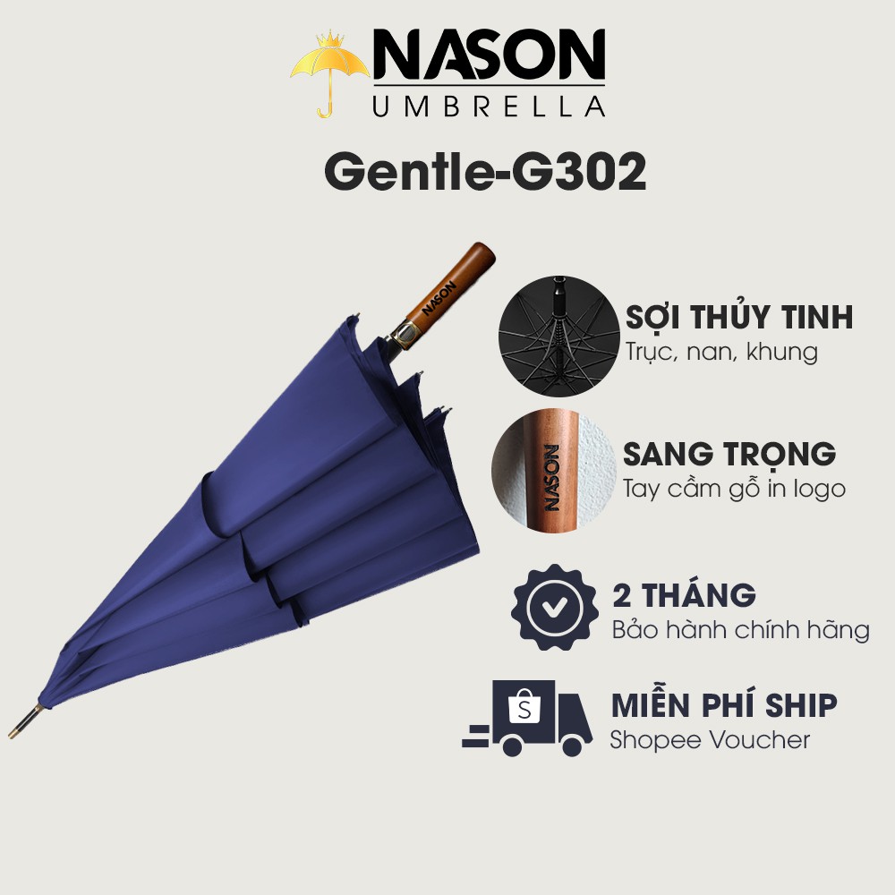 Ô dù Golf 2 tầng cao cấp G302 NASON UMBRELLA Chống lật tán rộng 30inch siêu chống thấm nước, tay cầm gỗ sang trọng