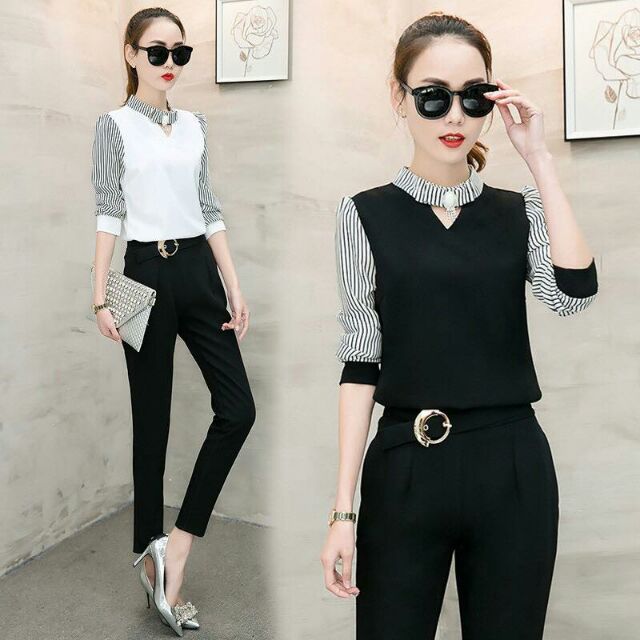 Set công sở nữ thiết kế cổ chokers hiện đại phối quần âu và tay áo sọc ngựa vằn duyên dáng QCNP149