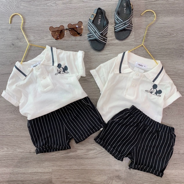 SET BỘ POLO MICKEY QUẦN KẺ SỌC