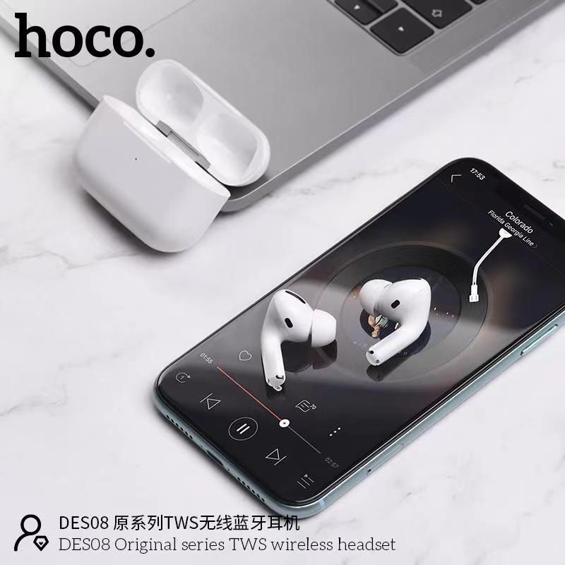 Tai nghe không dây Hoco DES08, V5.1, kết nối 10m, pin 300mAh, định vị, đổi tên - tặng kèm case ( đen )+3 nút cao su