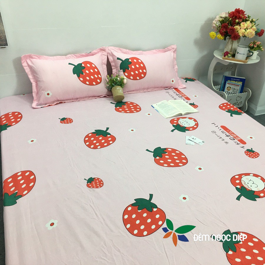 Bộ ga giường vỏ gối SUMOI cotton poly bọc đệm 1m2 1m6 1m8 hoặc 2m2 mẫu dâu tây