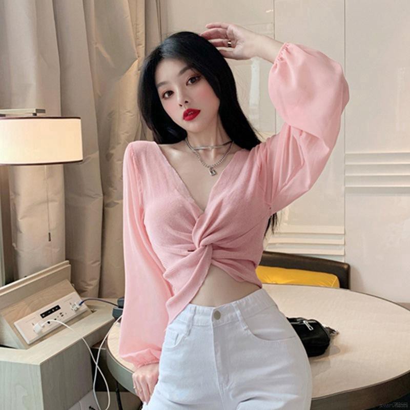 Áo Croptop Dệt Kim Thiết Kế Cổ Chữ V Thời Trang Quyến Rũ Dễ Thương