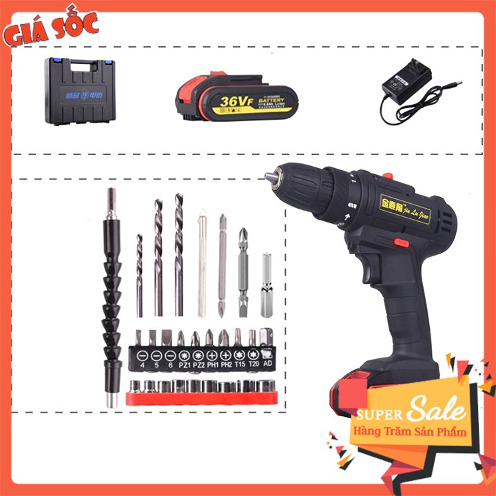 [ Full bộ phụ kiện ] Máy khoan pin 36v- Khoan cầm tay 2 cấp tốc độ Có Đèn