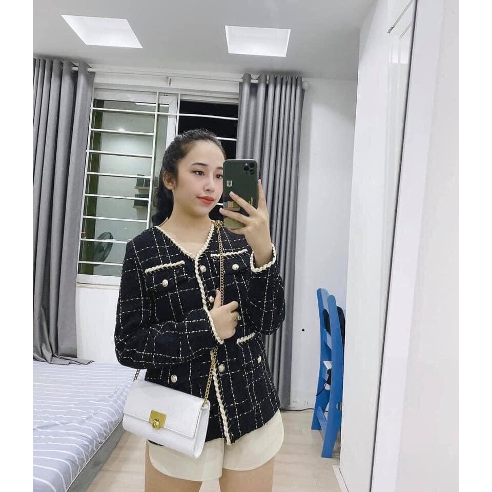 [Siêu Hot] Áo Khoác Dạ Tweed Đen Viền Ngọc Dài Tay | BigBuy360 - bigbuy360.vn