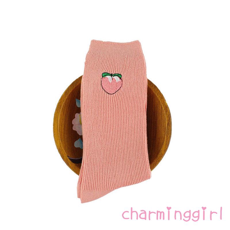 Vớ cotton thêu họa tiết trái cây hoạt hình xinh xắn cho nữ