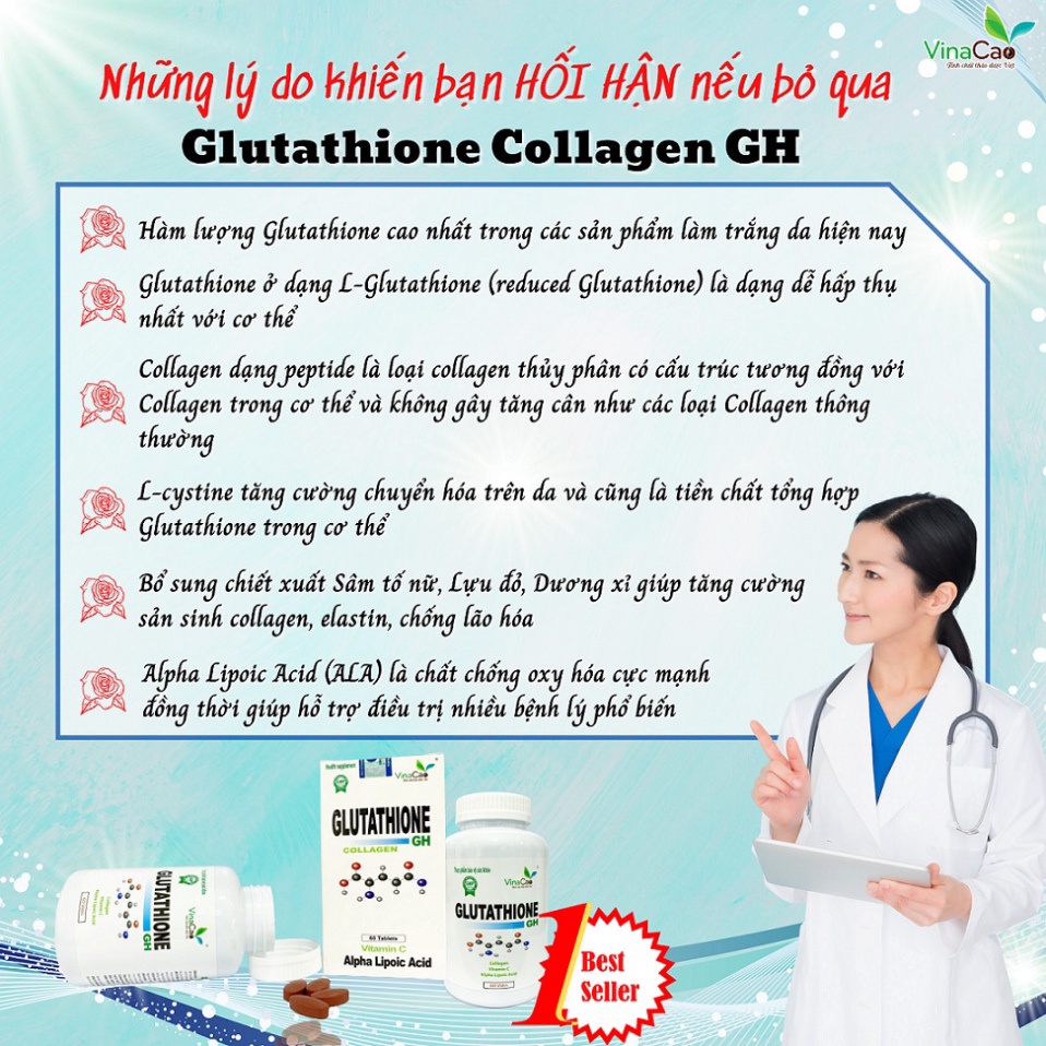Viên uống trắng da Glutathione Collagen GH làm trắng da, ngăn ngừa lão hóa, giảm nám sạm tàn nhang