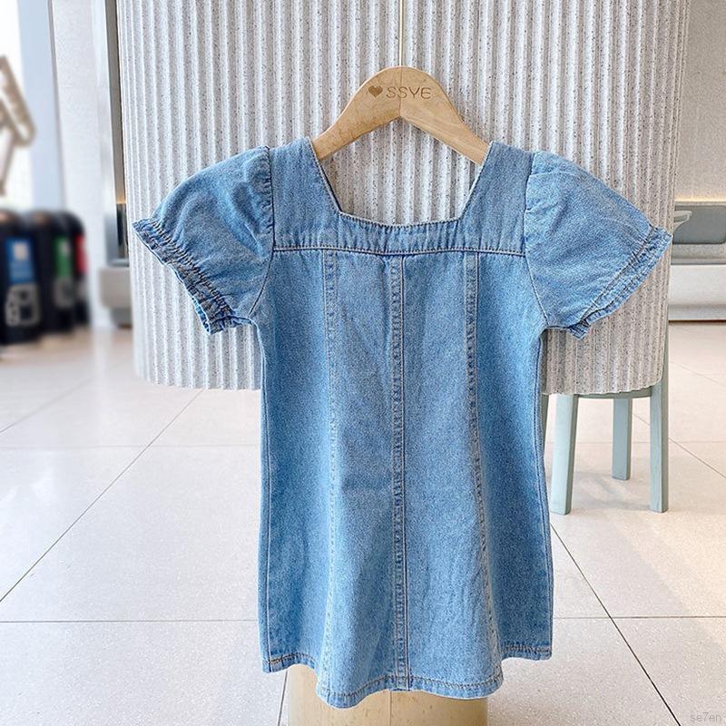 Đầm Denim Cổ Vuông Mùa Hè Cho Bé Gái 3-8 Tuổi