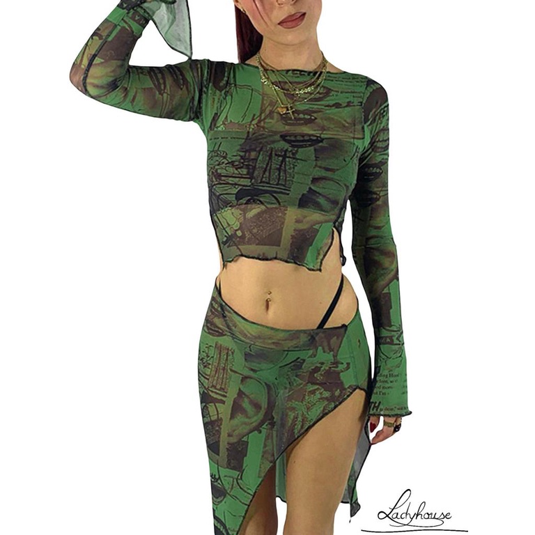 Áo Thun Tay Dài Phối Lưới Hở Rốn In Họa Tiết Thời Trang Cho Nữ