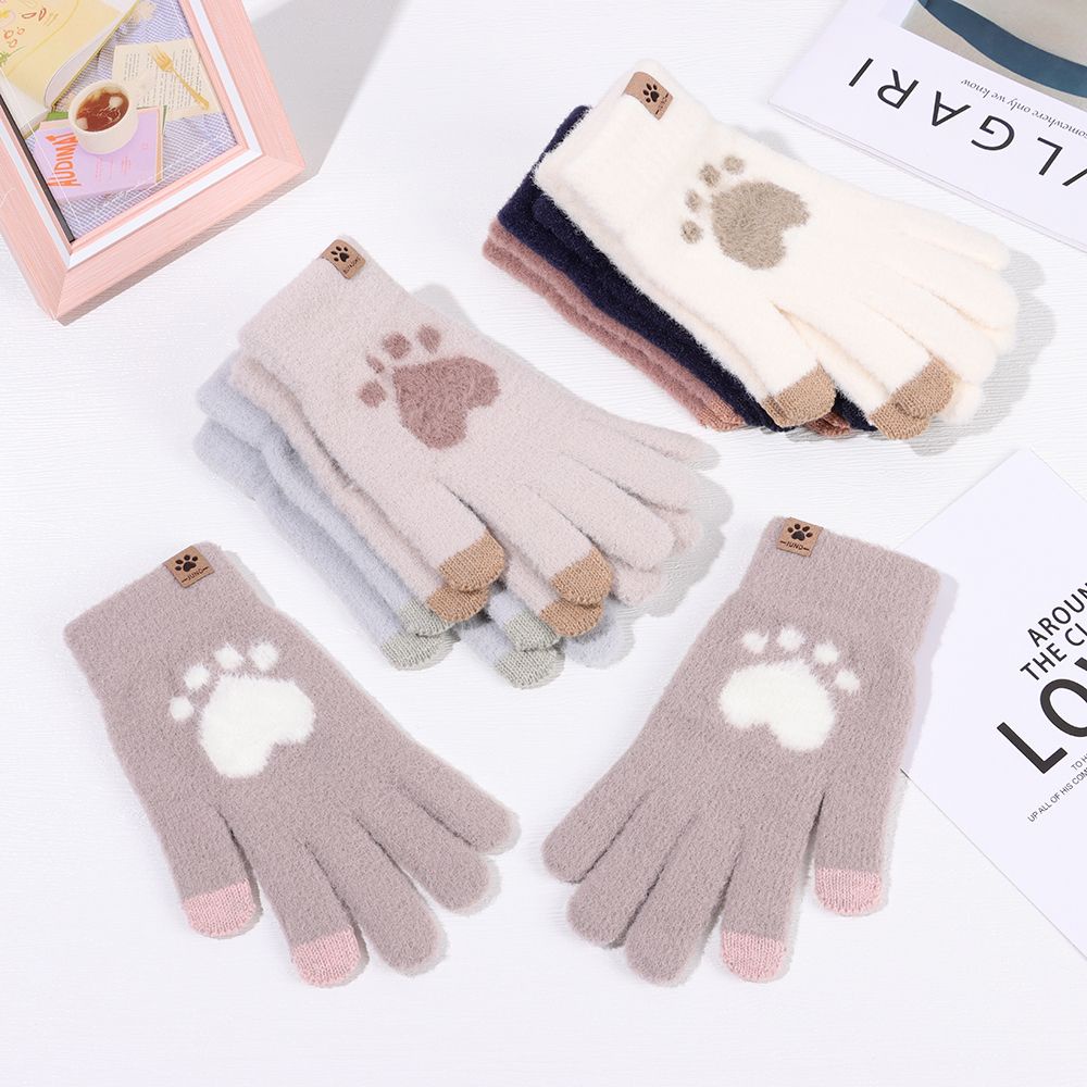LUOLV Găng tay hở ngón hình bàn chân mèo giữ ấm mùa thu đông bằng vải nỉ nhiều màu sắc có thể dùng màn hình cảm ứng cho nữ