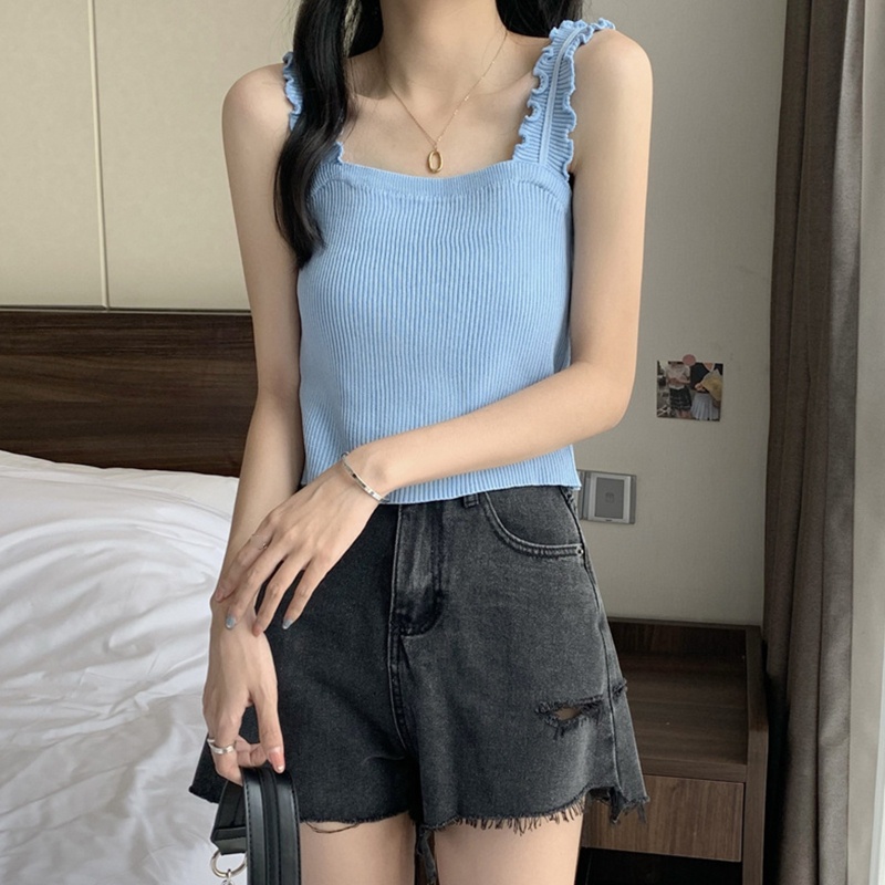 Áo Croptop Cổ Vuông Phối Bèo Thời Trang Mùa Hè Quyến Rũ Cho Nữ