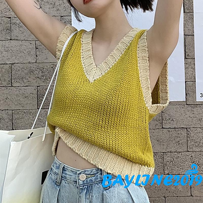 Áo dệt kim sát nách cổ chữ V màu sắc độc đáo thời trang mùa thu quyến rũ cho nữ