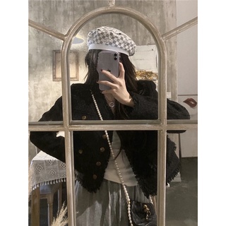 Áo dạ tweed đen cổ V (ORDER)