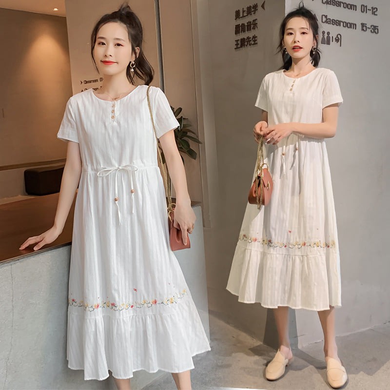 Đầm bầu cotton cộc tay thêu hoa nhí sang trọng có dây rút chỉnh eo mặc bầu bé tới to đều gọn đẹp thoải mái - SBV135