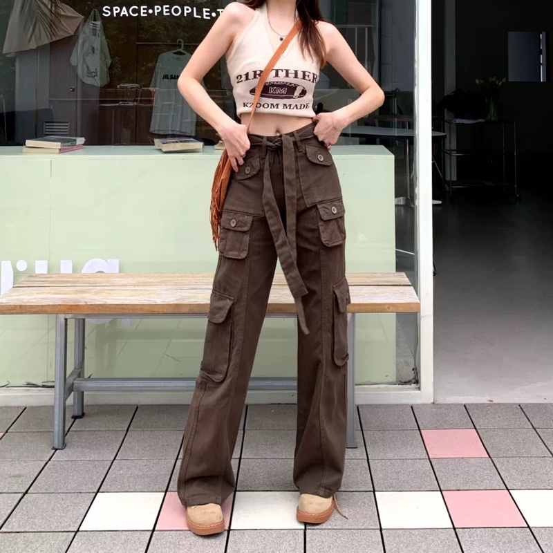 Quần yếm denim phối kaki màu xám,lưng cao ống rộng phong cách retro dễ phối đồ bigsize ib cho shop trước