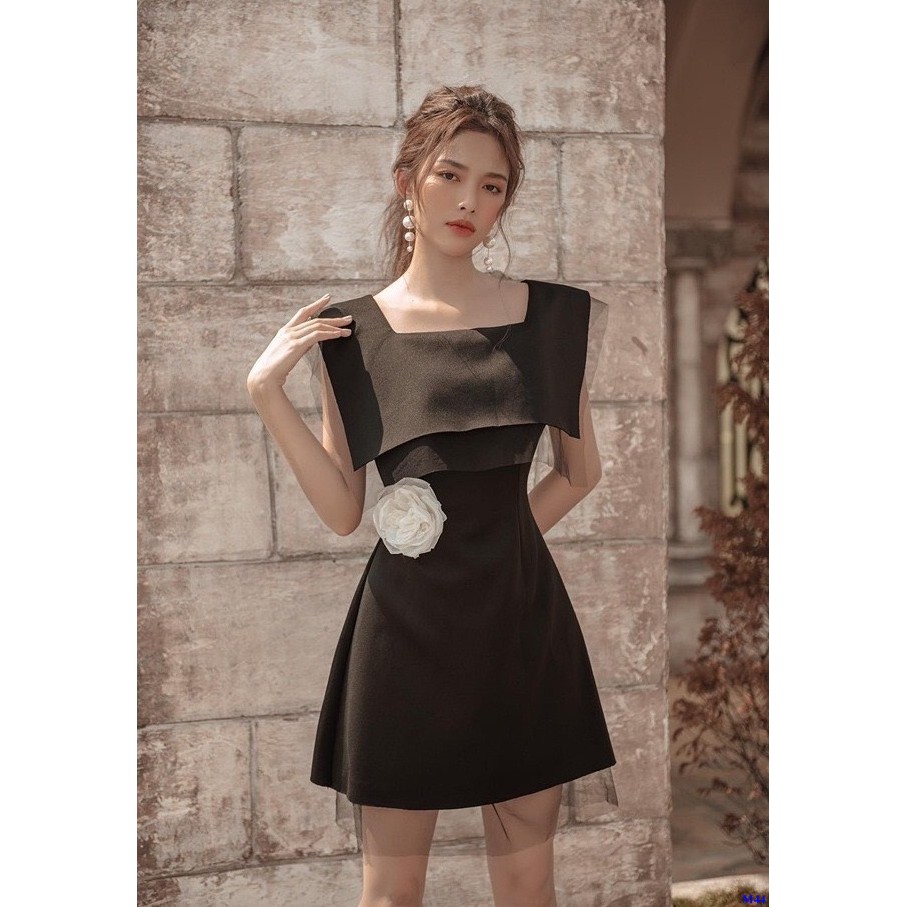 Đầm Xòe Chữ A Đen Cổ U Phối Lưới Xinh Xắn