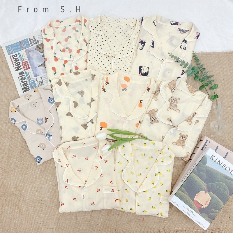 [ ẢNH THẬT ] Set pijama cổ bẻ dáng cộc hoạ tiết xinh xắn. Bộ ngủ nữ pyjama nhiều màu dễ thương