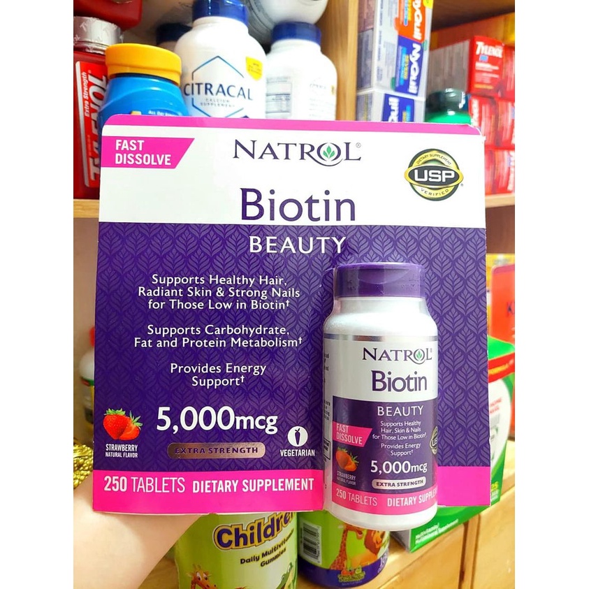 Viên uống mọc tóc Natrol Biotin 250 viên 5,000mcg - Hỗ trợ giảm rụng tóc, kích thích mọc tóc mới và ngăn ngừa vấn đề hói