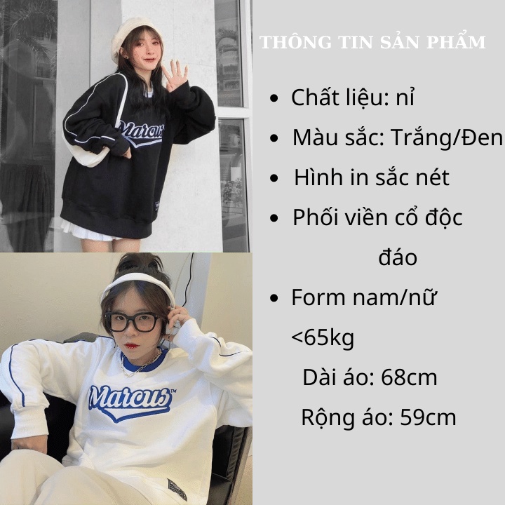 Áo sweater/Áo nỉ cổ tròn form rộng tay bồng unisex nam nữ in chữ MARCUS phối viền cổ độc đáo RÔ STORE SW27 | BigBuy360 - bigbuy360.vn