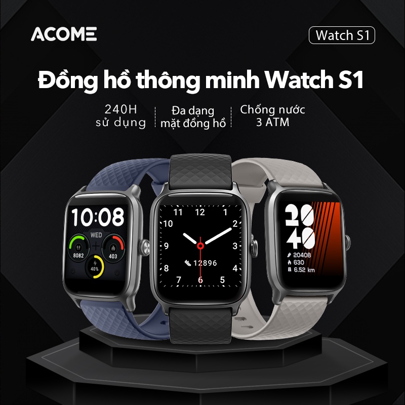 Đồng Hồ Thông Minh ACOME Smart Watch S1 Tiện Ích Chống Nước Nhận Thông Báo, Thay Hình Nền, Đo Nhịp Tim Chống Nước  5ATM