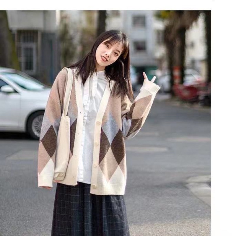 Áo khoác len Cadigan quả trám màu nâu vintage, màu rêu len mềm Quảng Châu