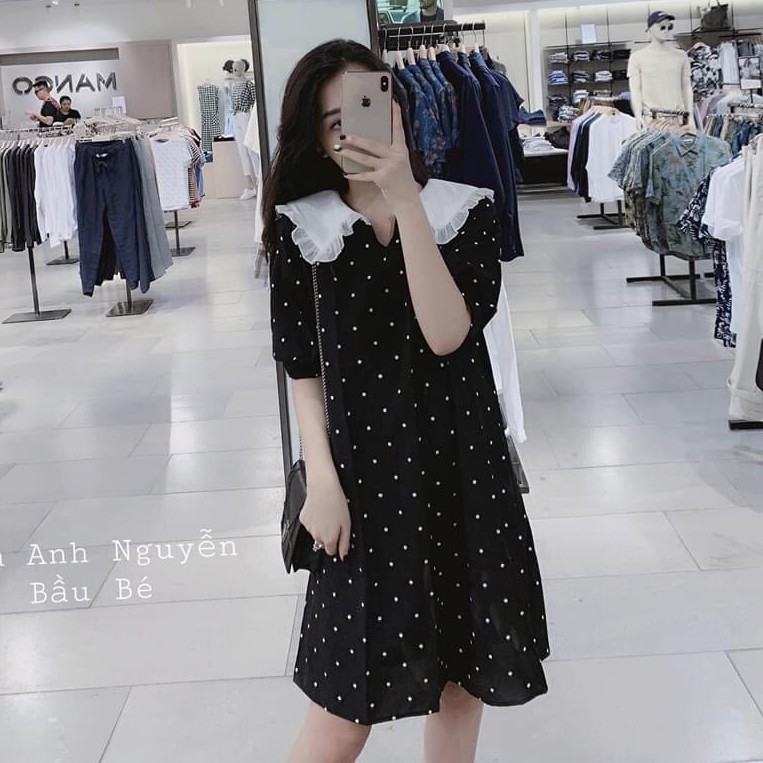 VÁY CHẤM BI CỔ BÈO TIỂU THƯ - ĐẦM MAXI SUÔNG CHẤM BI CỔ V HOT