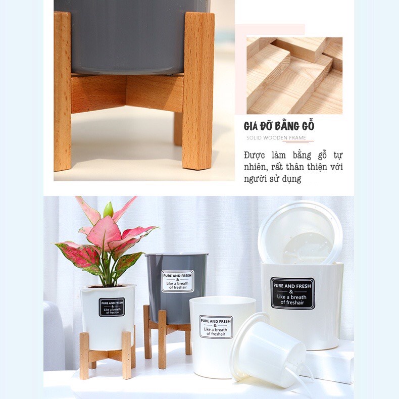 Chậu trồng cây Oliz-TA0 Có khả năng tự tưới nước tặng giá đỡ bằng gỗ, thiết kế theo phong cách vintage